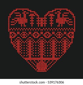 Scheme for knitting, geometric template with stylized heart in rural style. Vector cartoon for embroidery, knitting. St. Valentines day