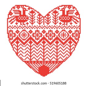 Scheme for knitting. Seamless geometric template with decorative heart in rural style. Vector cartoon for embroidery, knitting