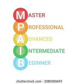 Scheme of level of skills, growth success and achievement, diagram step in business. Title and competence of person. Beginner, medium, advanced, professional, master. Vector illustration