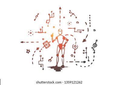 Scheme, machine, robot, technology, android concept. Hand drawn electronic machine and android scheme concept sketch. Isolated vector illustration.