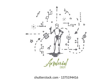 Scheme, machine, robot, technology, android concept. Hand drawn electronic machine and android scheme concept sketch. Isolated vector illustration.