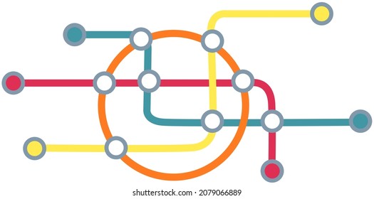 Scheme of metro stations. Plan of subway with colorful lines. Fictional metro map of underground. Layout of public passenger transport routes. Subway train tracks plan isolated on white background