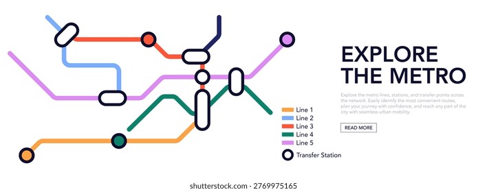 Scheme of metro stations and plan of subway with colorful lines, fictional metro map of underground, layout of public passenger transport routes, subway train tracks plan flat illustration.	
