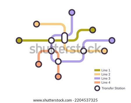 Scheme of metro stations and plan of subway with colorful lines, fictional metro map of underground, layout of public passenger transport routes, subway train tracks plan flat vector illustration.