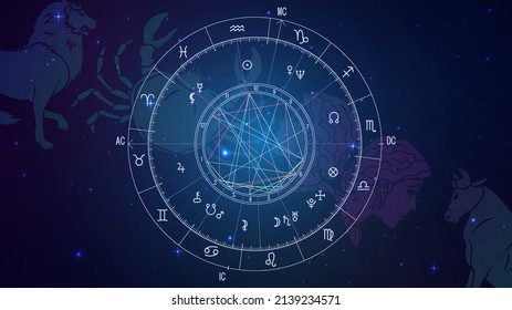 The Scheme Of The Natal Chart Against The Background Of The Starry Sky And The Constellations Of The Zodiac