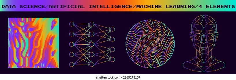 Scheme of the neural network and low-poly head. Set of illustrations for neural network and artificial intelligence subjects. 