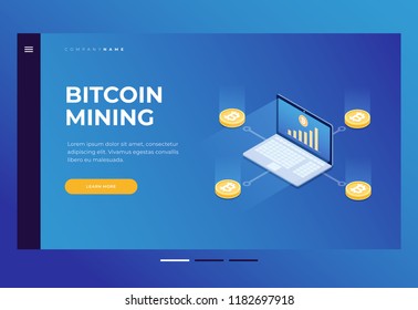 Scheme of occurrence bitcoin. Cryptocurrency mining on laptop. 3d isometric flat design. Homepage. Title for the website. Vector illustration.
