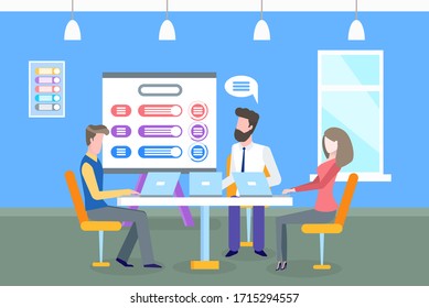 Scheme on whiteboard, business meeting conference vector. Man and woman discussing ideas of project, planning of new strategy, flowcharts and charts