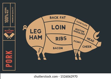 Scheme of pork. Meat cuts. Diagrams for butcher shop, market, packaging. Animal silhouette pork. Vector illustration.