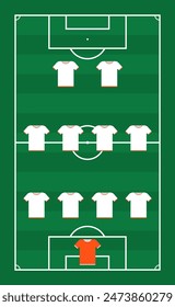 Scheme position player with white shirt, green football field. Vector of player soccer sport, tactic team scheme, position stadium illustration, play competition strategy