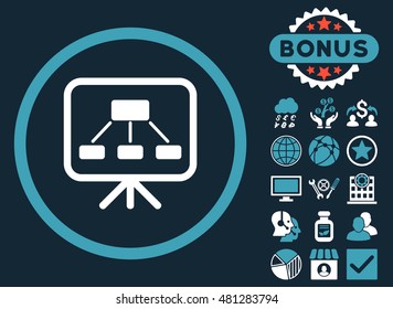 Scheme Screen icon with bonus. Vector illustration style is flat iconic bicolor symbols, blue and white colors, dark blue background.
