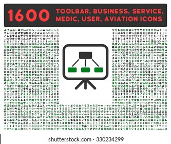 Scheme Screen vector icon and 1600 other business, service tools, medical care, software toolbar, web interface pictograms. Style is bicolor flat symbols, green and gray colors, rounded angles, white