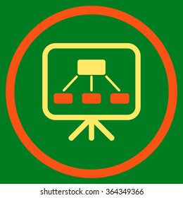 Scheme Screen vector icon. Style is bicolor flat circled symbol, orange and yellow colors, rounded angles, green background.