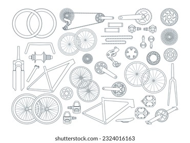 Scheme, set of bicycle parts, details, components in sketch line. Elements of a gravel, road, mtb bike. Fork, wheels, chain, frame, crankset, pedals. Isolated vector illustration in outline style