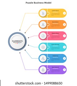 Scheme with six jigsaw puzzle elements connected to main circle. Concept of 6 features of business strategy. Simple infographic design template. Vector illustration for information visualization.