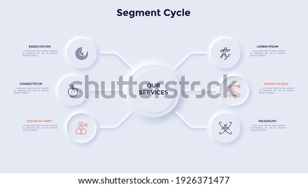 Scheme with six round elements connected to main circle. Concept of 6 business services provided by company. Neumorphic infographic design template. Modern clean vector illustration for presentation.