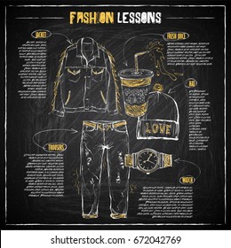 Scheme, sketch of  fashion accessories on a chalkboard. Vector infographics.