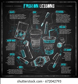 Scheme, sketch of  fashion accessories on a chalkboard. Vector infographics.