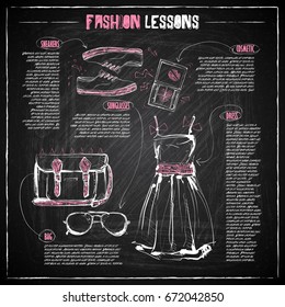 Scheme, sketch of  fashion accessories on a chalkboard. Vector infographics.