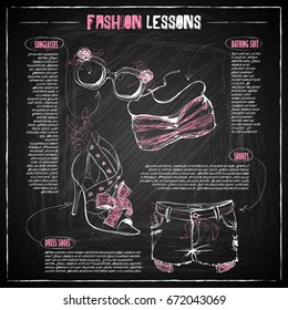 Scheme, sketch of  fashion accessories on a chalkboard. Vector infographics.