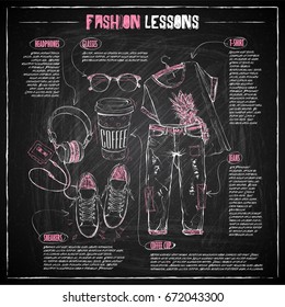 Scheme, sketch of  fashion accessories on a chalkboard. Vector infographics.