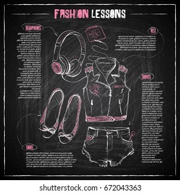 Scheme, sketch of  fashion accessories on a chalkboard. Vector infographics.