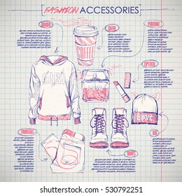 Scheme, sketch of  fashion accessories. Vector infographics.