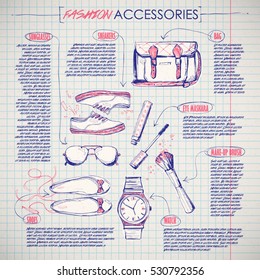 Scheme, sketch of  fashion accessories. Vector infographics.