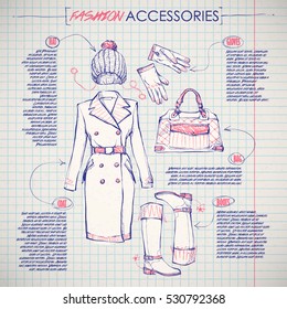 Scheme, sketch of  fashion accessories. Vector infographics.
