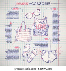 Scheme, sketch of  fashion accessories. Vector infographics.