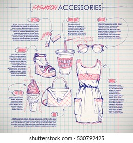 Scheme, sketch of  fashion accessories. Vector infographics.
