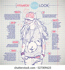 Scheme, sketch of  fashion girl. Vector infographics.