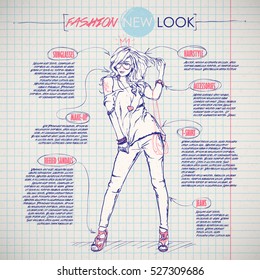 Scheme, sketch of  fashion girl. Vector infographics.