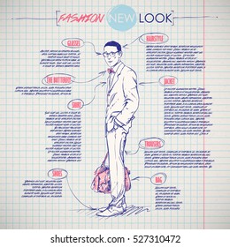 Scheme, sketch of  stylish dude. Vector infographics.