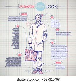 Scheme, sketch of  stylish dude. Vector infographics.