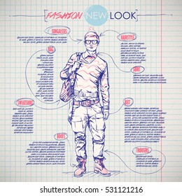 Scheme, sketch of  stylish dude. Vector infographics.
