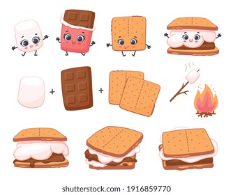 Scheme of smore sweet children dessert preparing, cartoon vector illustration isolated on white background. Sweet sandwiches from chocolate and marshmallow.