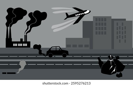 Scheme of sources of air pollution caused by human activities: vehicular pollution by car and airplane, industrial emissions by factory, garbage bags. Environmental challenges and carbon emissions aga