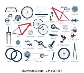 Scheme, structure, a set of bicycle parts with names. Elements, details of a gravel, road, mtb bike in infographic. Fork, wheels, chain, frame, crankset, pedals. Isolated vector illustration in flat