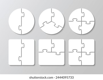 Scheme for thinking game. 2, 3, 4, 5 pieces round and square templates. Simple mosaic background with separate details. Puzzle jigsaw grids set. Cutting template. Vector illustration.