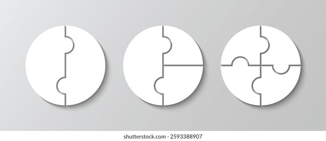 Scheme for thinking game. Puzzle details with 2,3 and 4 pieces. Set of circle jigsaw grids. Cutting templates collection with details. Simple mosaic background. Frame tiles. Vector illustration