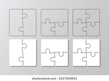 Scheme for thinking game. Puzzle pieces filled and outline. Simple mosaic background with separate details. Jigsaw grids set. Cutting template. Vector illustration.