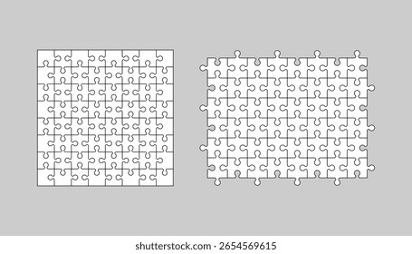 Scheme of thinking game set. Six Jigsaw outline grids collection with 9 details. Square puzzle pieces grid. Cutting template. Modern background with separate shapes. Vector illustrator
