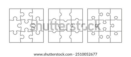 Scheme of thinking game set. Six Jigsaw outline grids collection with 9 details. Square puzzle pieces grid. Cutting template. Modern background with separate shapes. Vector illustrator