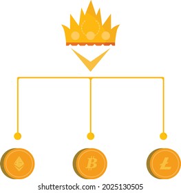 scheme of three crypto coins "bitcoin" "ethereum" and "litecoin" and a crown at the top 
