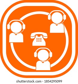 scheme of three people with a headset on the face and a telephone set