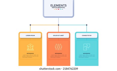 Scheme with with three rectangles connected to main element. Concept of business project with 3 strategic features. Simple infographic design template. Modern flat vector illustration for banner.