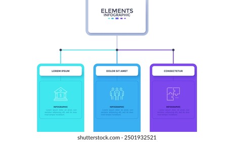 Scheme with with three rectangles connected to main element. Concept of business project with 3 strategic features. Simple infographic design template. Modern flat vector illustration for banner.