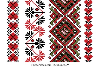 Scheme of Ukrainian embroidery in 8-bit vector style. Ethnic ornament for cross stitching.  Pixel factory boho pattern for decorating clothes, bags, accessories. Traditional seamless geometric pattern svg