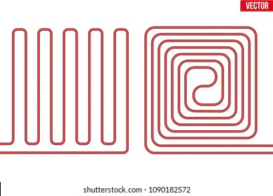 Scheme of Underfloor heating. Floor heating system. Ways of installing pipes under cover. Vector Illustration isolated on white background.